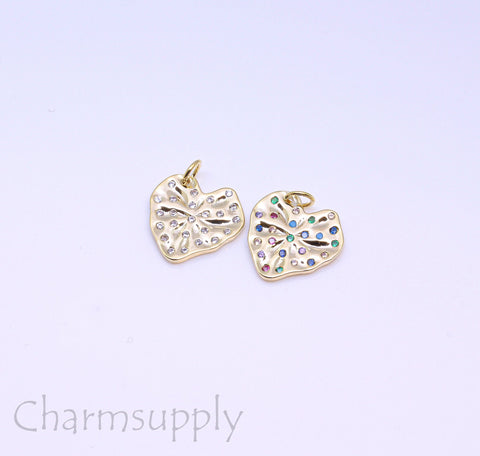 Gold Textured Wavy White or Rainbow cz Heart Pendant, 16mm, Gold Hearts Charms, Two options Color cz, 1 pc or 10 pcs, WHOLESALE,CPG211