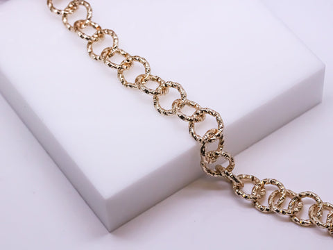 Gold Textured Round Fancy Link Chain, 10mm, Gold Layering Chain, Sell by Footage, Non Tarnish, WHOLESALE