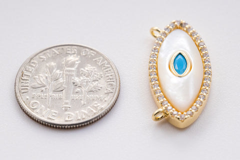Gold Mother of Pearl Evil eye Pendant, Turquoise cz centered, cz Trim, 22x11mm, Evil eye Jewelry, Protection,1 pc or 10 pcs,WHOLESALE,CNG058