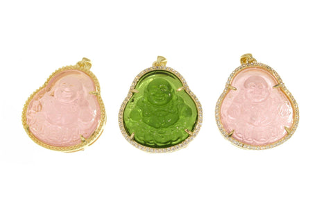 18K Gold Pink or Green Buddha Charms, Micropavé CZ Buddhist Pendant, Buddha Pendant Green or Pink for DIY Jewelry Making Supply