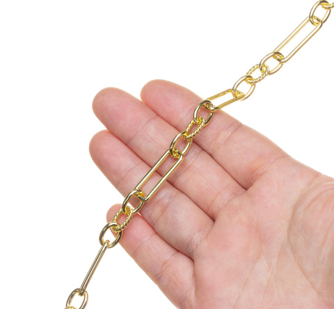 Gold Paperclip And Twisted link Alternating Chain,Elongated Smooth Oval Paperclip With Twisted Rope Chain For Jewelry Making,CHG102