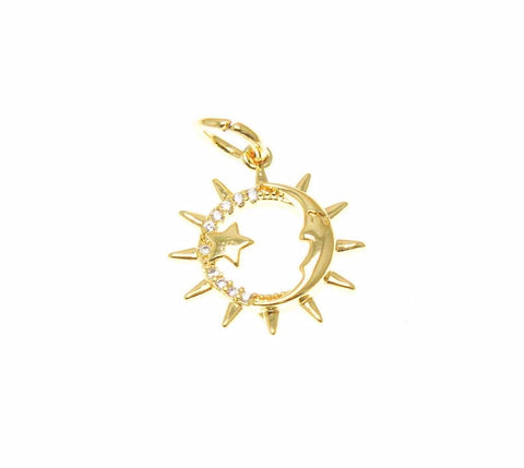 18k Gold Sun and Moon Pendant, CZ Sun and Moon Charm, Gold Pendant, Celestial Pendant, Lover Charm, CPG2346