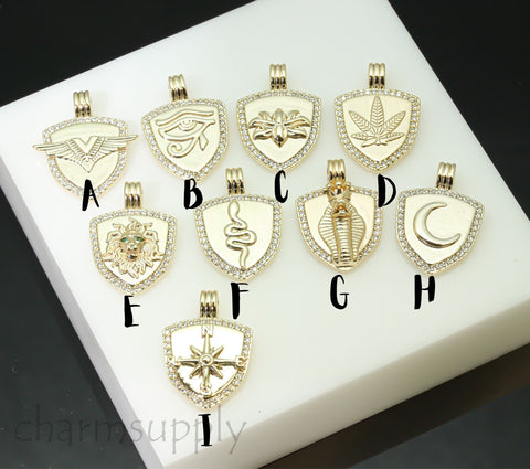 Gold or Silver Shield Pendant,16x23mm, CZ Trimmed, 9 Symbol variations,Protection and lucky shield charm, 1 pc or 10 pcs, WHOLESALE