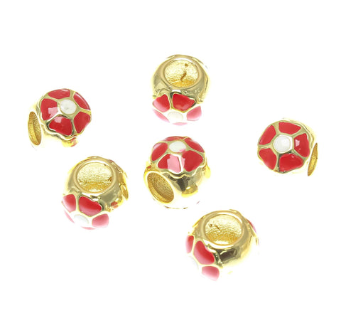18k Gold Red Flower Spacer, White and Red Bead Spacer Bead, Thick Band Spacer For Jewelry, SPG101