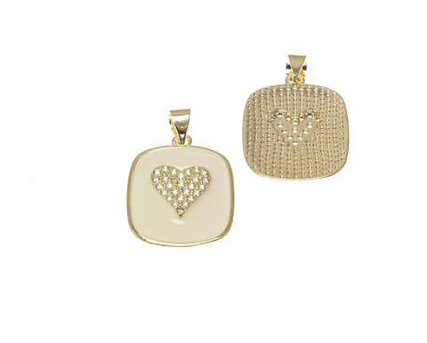 18k Gold Rectangle Dog Tag, CZ Heart Charm, Dog Tag CZ Heart Charm For Jewelry Making, Pave Heart Dog Tag Charm, CPG2341