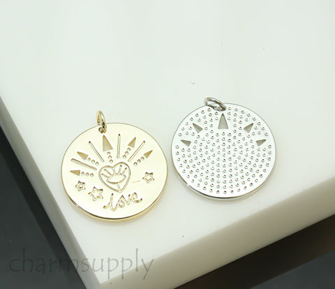 Gold or Silver Love Cut-out Pattern Round Pendant, 22mm, Love cut-out pendant, sign of love and peace,1 pc or 10 pcs,WHOLESALE,CPG708-CPS708