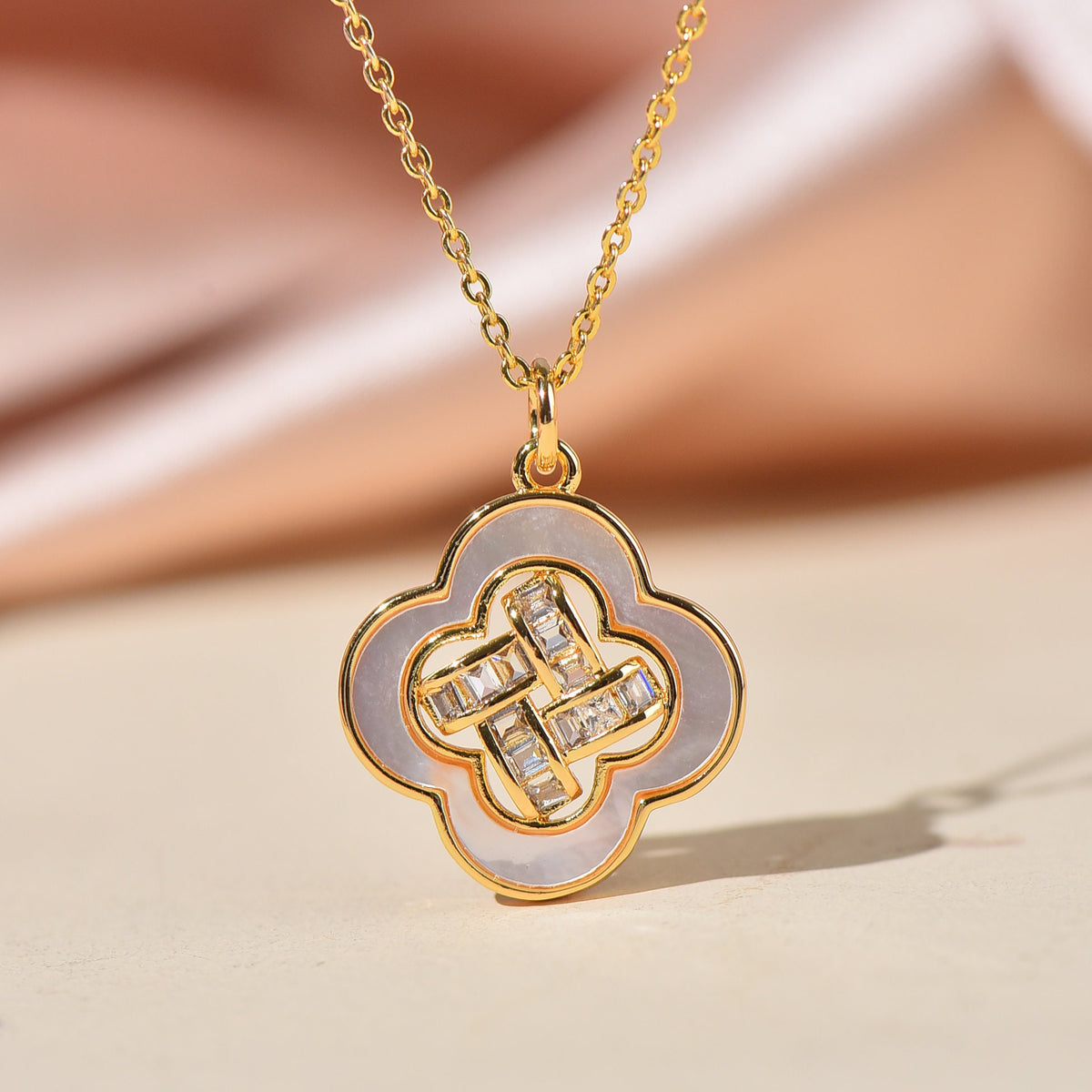 Pink Mother Of Pearl Clover Charm, Gold Four Leaf Charm With Baguette, CPG314
