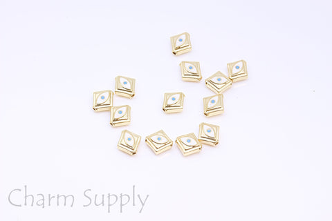 Gold, silver, gunmetal black White Enamel Evil Eye Square Bead, 9mm, Double Sided, 1 pc or 10 pcs, WHOLESALE,SPG052