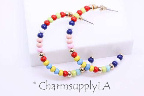 Limited edition Colorful Enamel Beaded Hoop Earrings, 50-52mm, Fun Summer Piece,  Rainbow Hoops, Mixed Colors Hoops, FJ1-093