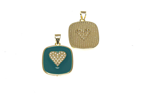 18k Gold Rectangle Dog Tag, CZ Heart Charm, Dog Tag CZ Heart Charm For Jewelry Making, Pave Heart Dog Tag Charm, CPG2341