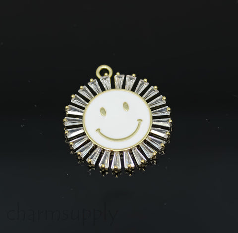 Gold Large Smiley Round Trimmed with Baguette cz Charm, Enamel Smiley face charm, 6 colors, 22mm, 1 pc or 10 pcs, WHOLESALE,CPG369