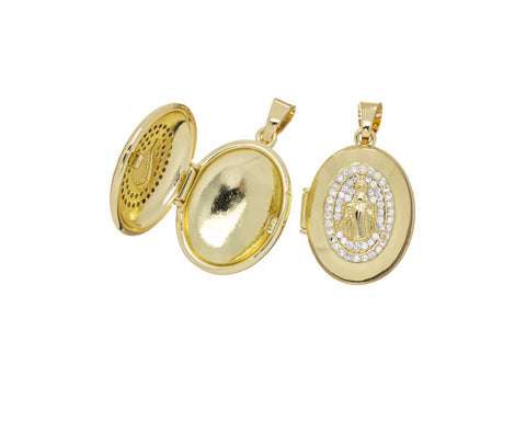 Open Hand Virgin Mary Locket Charm,Gold Religious Locket Charm For Necklace,Photo Locket Charm,Pave CZ Gold Locket Charm,CPG2532