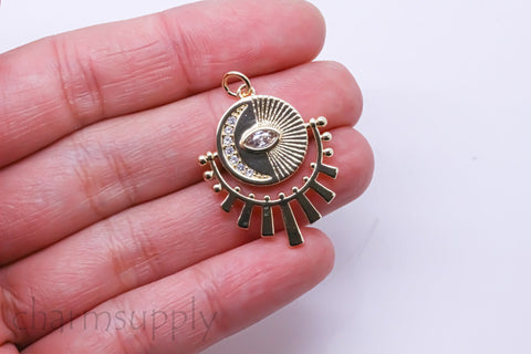Gold or Silver Evil Eye Elongated Pendant, Sun Ray and Moon, Eye Guardian, 27x22mm, 1 pc or 10 pcs, WHOLESALE,CPG102