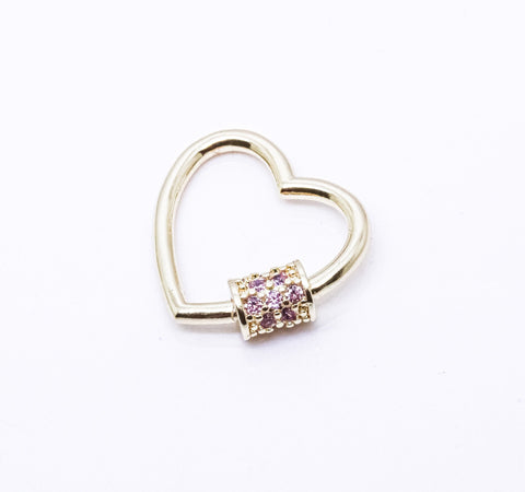 Gold Light Lavender Amethyst cz Heart Carabiner Lock, 20mm, Screw on clasp, Open Heart Lock, 1pcs or 10 pcs, WHOLESALE