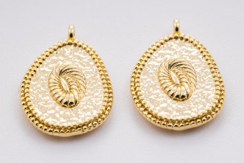 Gold Engraved Flower Oblong Oval Pendant, 15x18mm, Spring or Summer Vibe, Floral Charm, Summer Jewelry, 1 pc or 10 pcs, WHOLESALE,CPG363