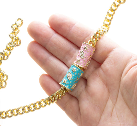Talisman Square Tube Bead,Gold Talisman Evil Eye And Star Spacer Bead,Large Hole Spacer Bead For Leather Cord,Paracord Or Chain,SPG149