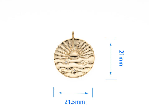 Gold Sun Ray Good Vibe Medallion Pendant, 21mm, Sunburst, Celestial, Bohemian charms Jewelry Inspired, Large Hole for Chains, CPG2091
