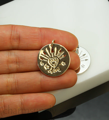 Gold or Silver Love Cut-out Pattern Round Pendant, 22mm, Love cut-out pendant, sign of love and peace,1 pc or 10 pcs,WHOLESALE,CPG708-CPS708