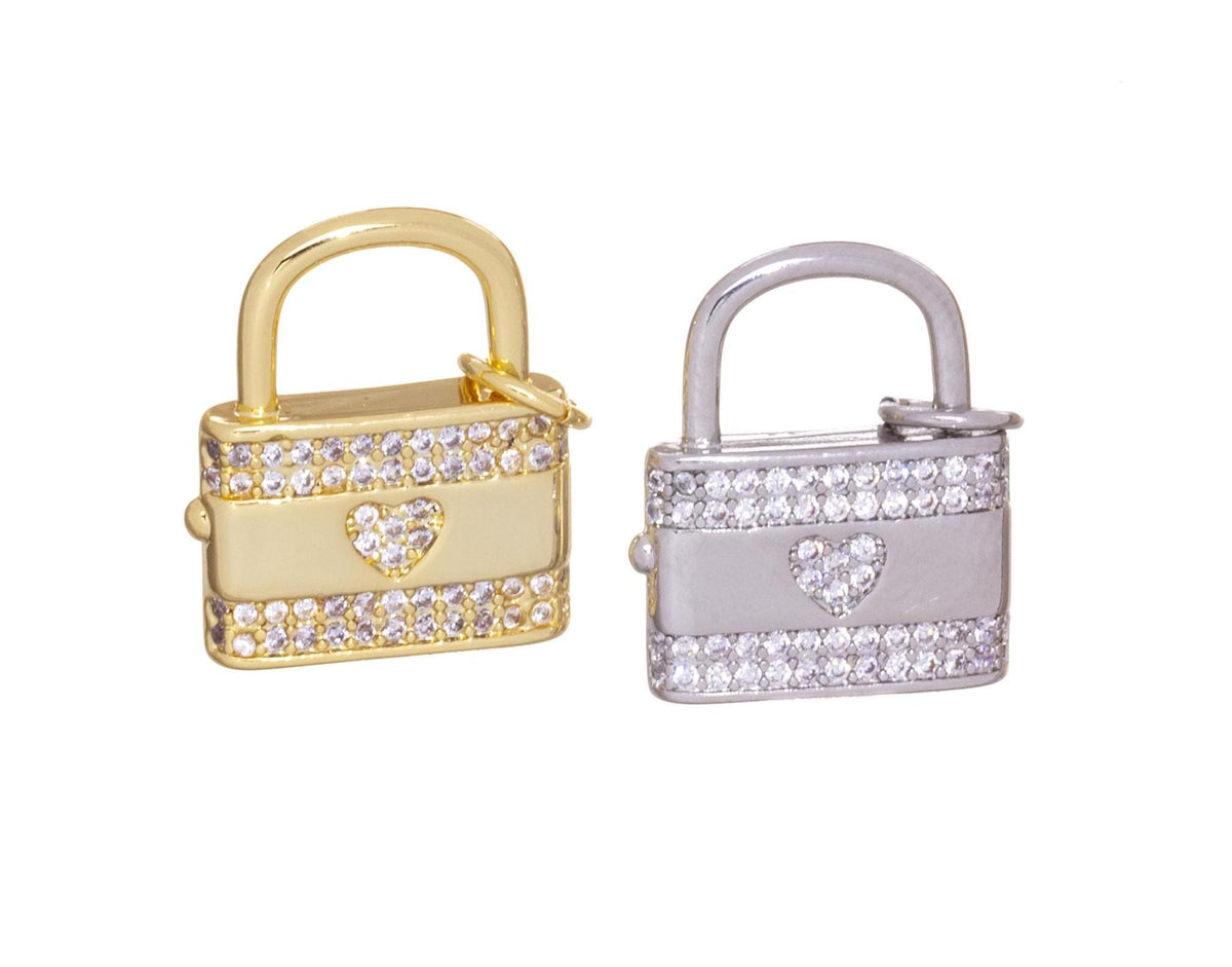 18k Gold or Silver CZ Lock, Heart Set CZ, Lock CZ charm, Lock pendant, Lock to your heart, Gold Lock, Silver Lock, CPG2364,CPS2364
