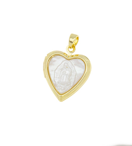 Guadalupe Gold Heart Locket,Locket Heart Charm For Necklace,Gift For A Friend,Heart Shape Locket With Mother Of Pearl,CPG491