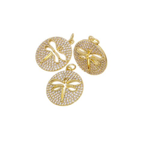 Gold Pave CZ Dragonfly Charm,Dragonfly Disc Coin Pendant,Dragonfly Charm For Jewelry Making,CPG813