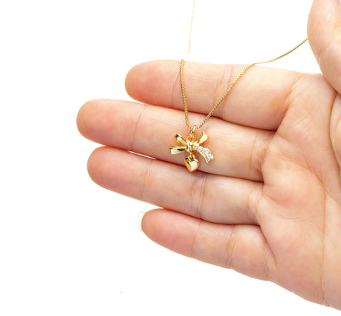 Gold Ribbon Bow Tie Heart Charm,Bow Tie CZ Gold Charm,Ribbon Bow Tie Heart Charm For Necklace Or Earrings,CZ Bow Tie Heart Charm,CPG2520