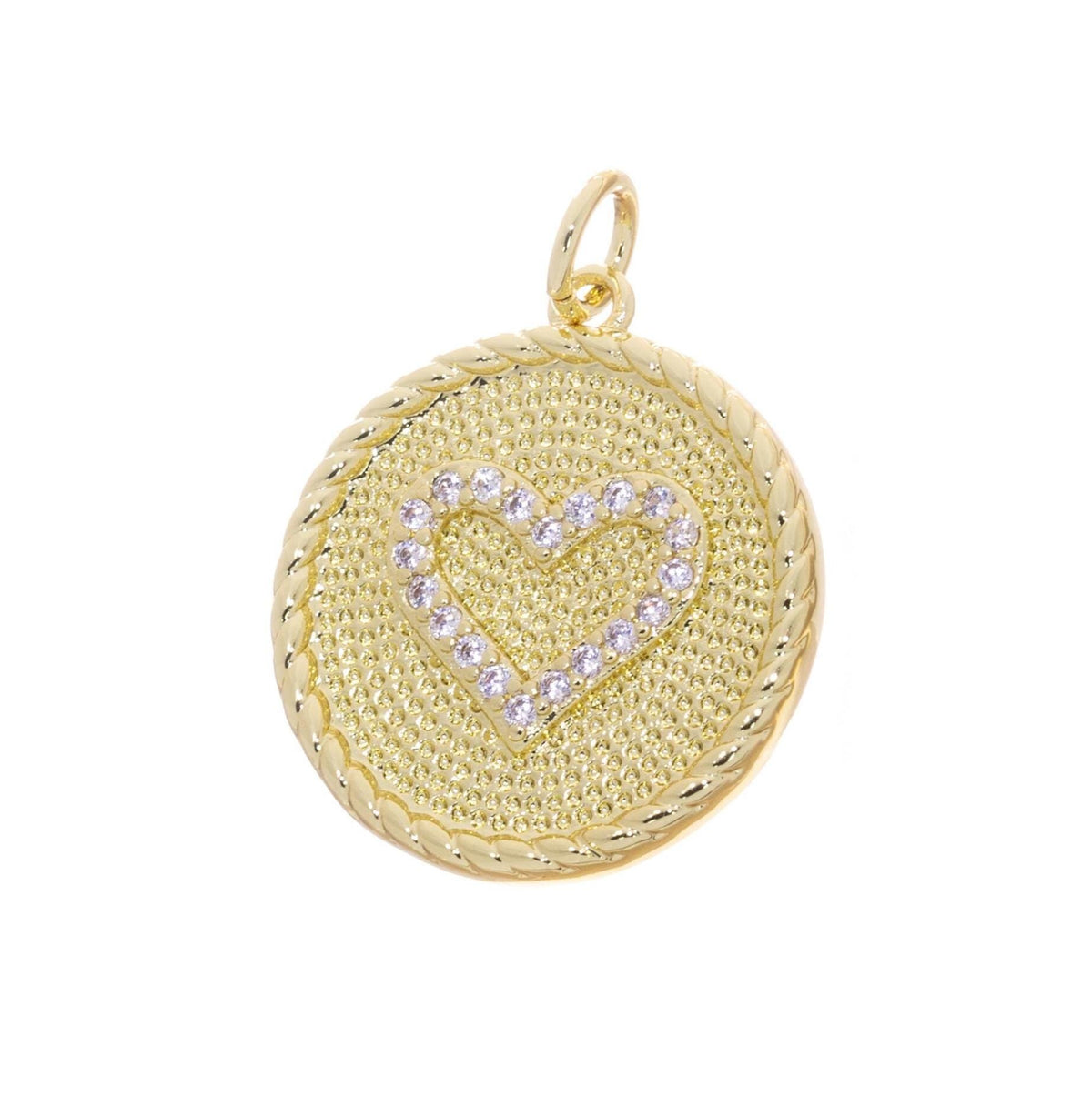 Gold Heart Charm With CZ,Pave Coin Heart Charm,Textured CZ Disc Heart Charm,Round Circle Disc Heart Charm,Heart Charm For Necklace,CPG2540