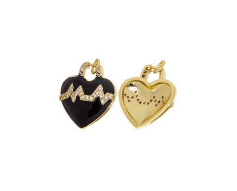 Heartbeat Charm With CZ,Gold Heartbeat pulse Charm,Black Enamel Heart Charm For Necklace Or Earrings,CPG2450