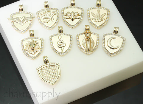 Gold or Silver Shield Pendant,16x23mm, CZ Trimmed, 9 Symbol variations,Protection and lucky shield charm, 1 pc or 10 pcs, WHOLESALE