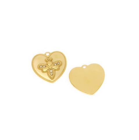 Water Proof, Tarnish Proof Gold CZ Bee Charm, Stainless Steel Heart Charm, Little Bee Detail, Perfect for Necklace, SSPG011