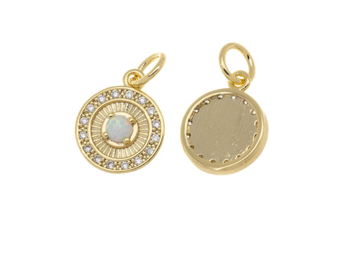 Dainty Gold Disc Circle Opal Charm With CZ,Small White Opal Coin Charm,Permanent Jewelry Making Opal Charm,CPG753