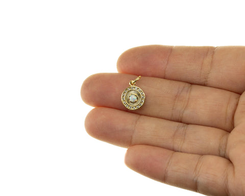 Dainty Gold Disc Circle Opal Charm With CZ,Small White Opal Coin Charm,Permanent Jewelry Making Opal Charm,CPG753