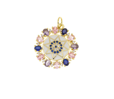 Gold Evil Eye Star Flower Pendant,Circle Evil Eye Amulet Star CZ Charm,Gold Star Multi Color Stone Charm,Jewelry Making Supply,CPG759