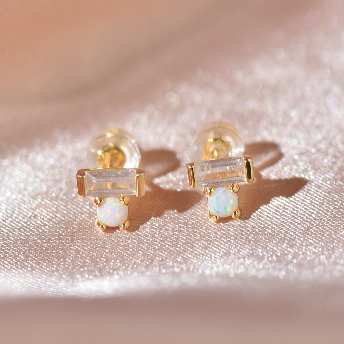 Gold Sterling Silver Opal Baguette Earrings