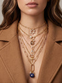 A close-up of a model wearing a layered gold necklace set with various charms, including a Star of David, crescent moon, and evil eye pendant, styled with a camel brown coat.