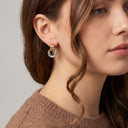 A close-up of a woman's ear wearing a pair of gold and silver hoop earrings, with her brown hair and a brown knit sweater visible against a light gray background.
