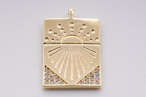 Gold cz sunray rectangle tag, 19x13mm, sunray pendant, Sun Pendant, cz sun pendant, Celestial Jewelry, 1pc or 10pcs, WHOLESALE,CPG375-CPS375