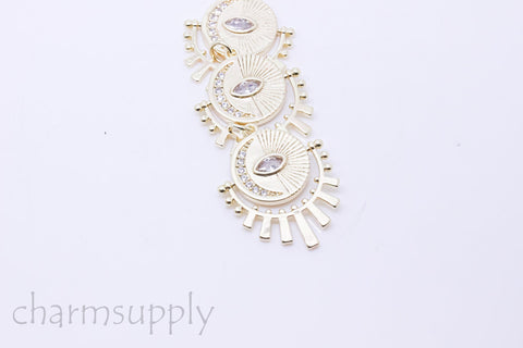 Gold or Silver Evil Eye Elongated Pendant, Sun Ray and Moon, Eye Guardian, 27x22mm, 1 pc or 10 pcs, WHOLESALE,CPG102