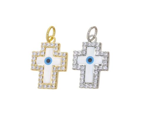 MOP Cross Amulet CZ Charm,MOP Evil Eye Cross Charm,Evil Eye Protection Charm,Cross Charm For Necklace,Turkish Nazar Evil Eye Charm,CPG831