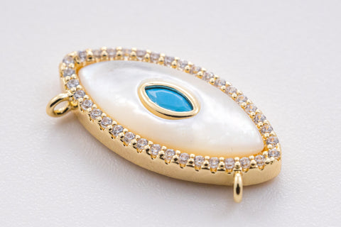 Gold Mother of Pearl Evil eye Pendant, Turquoise cz centered, cz Trim, 22x11mm, Evil eye Jewelry, Protection,1 pc or 10 pcs,WHOLESALE,CNG058