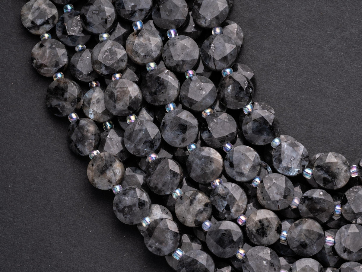 Natural Larvikite Star Cut Disc Beads, 10mm disc, Natural Black Labradorite beads, Larvikite Stone, Full Strand, DS005