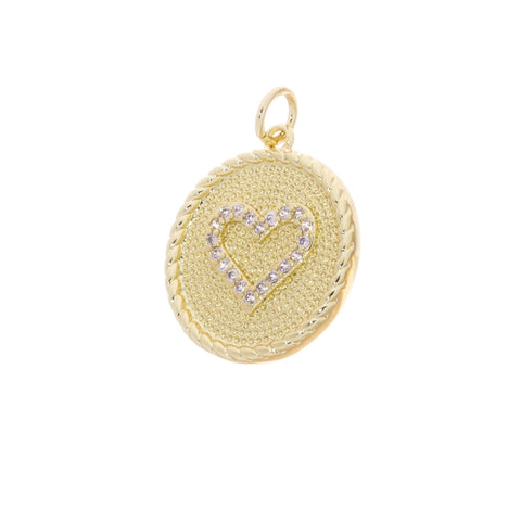 Gold Heart Charm With CZ,Pave Coin Heart Charm,Textured CZ Disc Heart Charm,Round Circle Disc Heart Charm,Heart Charm For Necklace,CPG2540