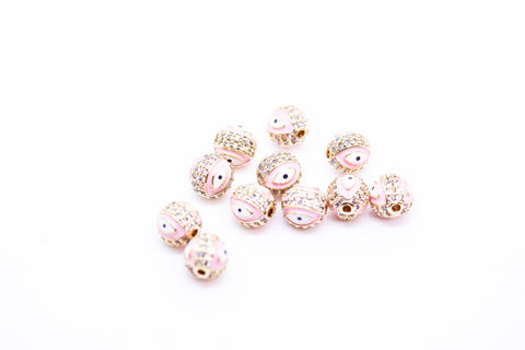 Evil eye Pave Light Pink Enamel Ball (7.5-8mm,10mm), 1 pcs or 10 pcs WHOLESALE