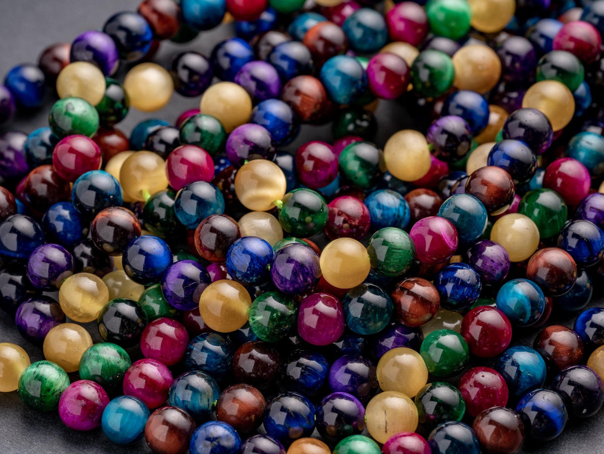 Multi Color Tiger eye Round Beads, 6mm, 8mm, 10mm, full strand, Protection, Courage and Strength 6R020, 8R025, 100R18