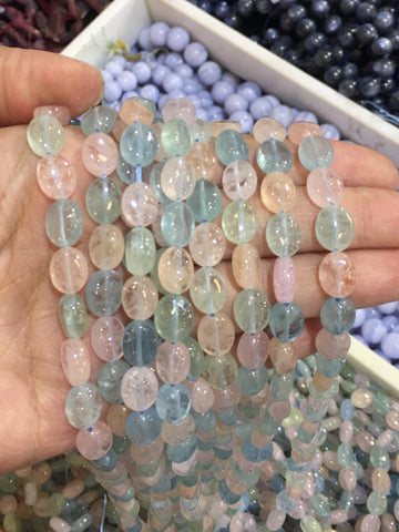 Natural Aquamarine and Morganite oval beads, FULL STRAND