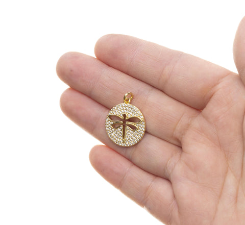 Gold Pave CZ Dragonfly Charm,Dragonfly Disc Coin Pendant,Dragonfly Charm For Jewelry Making,CPG813