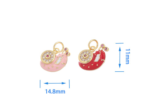 18k Gold Cute Snail Charm, CZ stones, Red or Peach Color, Snail, Slug, Patience charm, Charms for kids, CPG1613