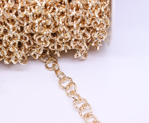 Gold Textured Round Fancy Link Chain, 10mm, Gold Layering Chain, Sell by Footage, Non Tarnish, WHOLESALE