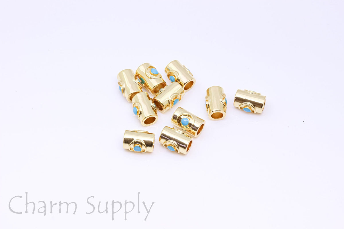Gold Turquoise cz Eye Bead, 9.3x6.5mm,  Double Sided, Turquoise Eye Bead, 1 pc or 10 pcs, WHOLESALE, MP24-10083