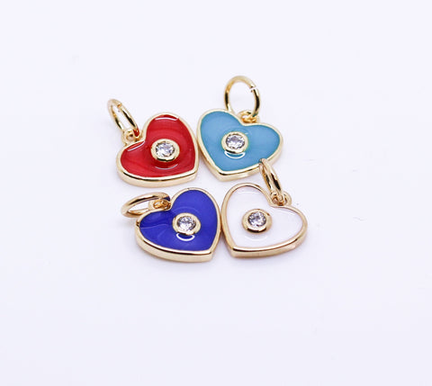 Gold Enamel Hearts with cz stone charm, Red, Navy blue, Turquoise Blue, White, 1pc, 10 pcs, 50 pcs, WHOLESALE,CPG146